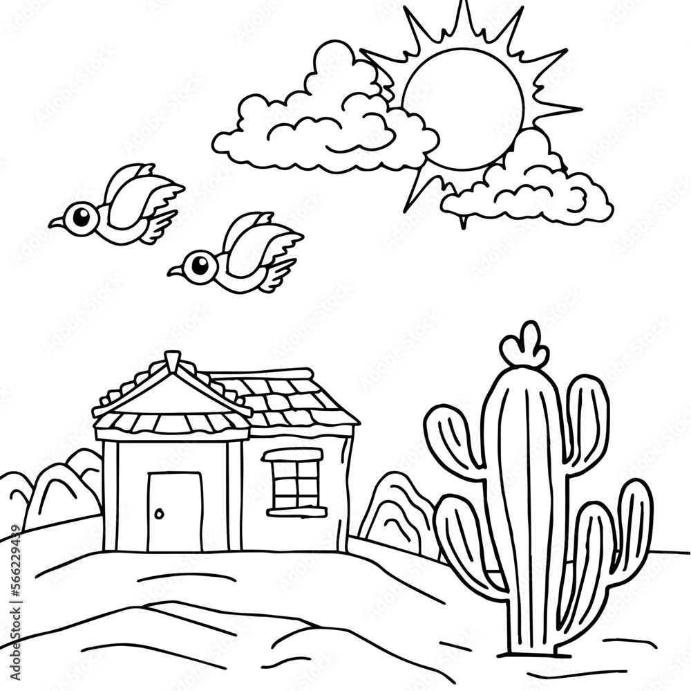 design desert cactus landscape coloring page for kid