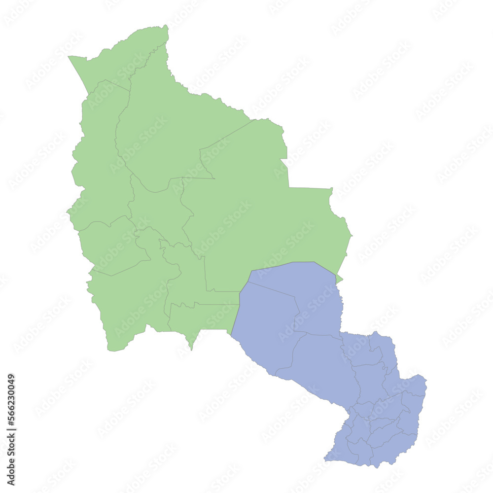 High quality political map of Bolivia and Paraguay with borders of the regions or provinces.
