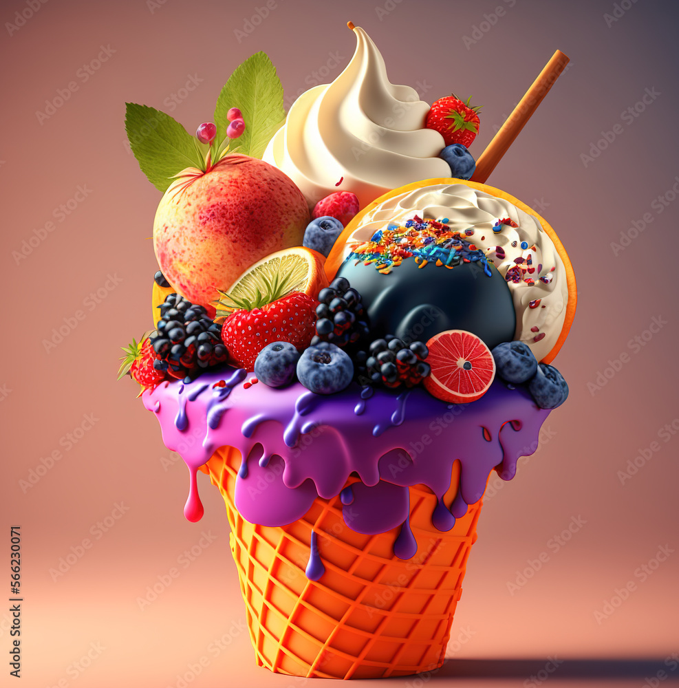 Cup of ice cream and fruits. Colored ice cream. Vanilla ice cream