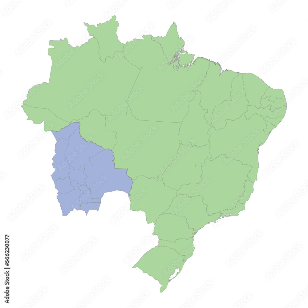 High quality political map of Brazil and Bolivia with borders of the regions or provinces. High quality political map of Brazil and Bolivia with borders of the regions or provinces.