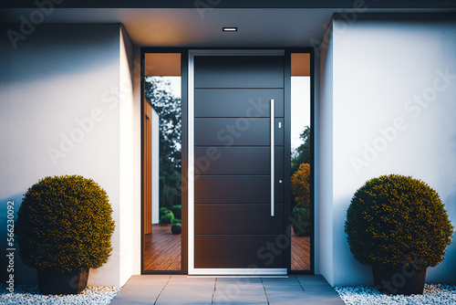 Modern door, metal and glass entryway to a house, Generative AI photo
