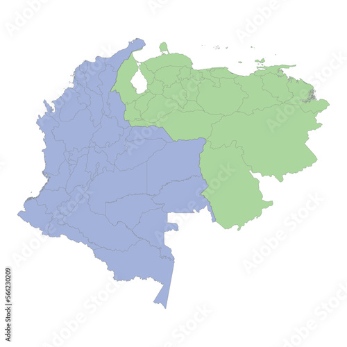 High quality political map of Colombia and Venezuela with borders of the regions or provinces
