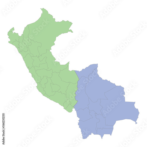 High quality political map of Peru and Bolivia with borders of the regions or provinces