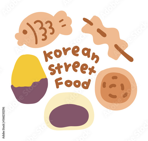 Set of cute style hand drawing of street food and snack concept eaten in winter in Korea. Fish-shaped bread, sweet potato, bread with red beans, bread with honey.