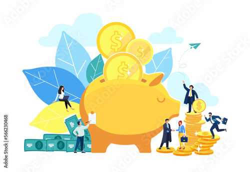 Savings in a piggy bank. Small people put money in banks to save and bank interest to return the investment. Concept symbol for web landing page, mobile apps. Vector illustration, flat design, work