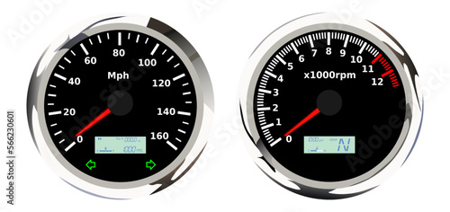 Motorcycle speedometer in mph unit, realistic vector illustration
