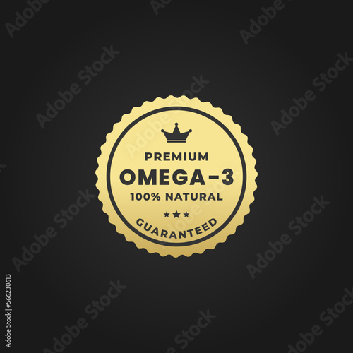 Premium omega 3 seal or omega 3 label vector on black background. Best omega 3 seal vector for natural product. The best omega 3 stamp vector isolated on black background.
