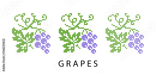 Grape pixel art isolated vector icon, sign, logo. Illustration of grape for wine label or juice. Pixel art, vyshyvanka, cross stitch, dots