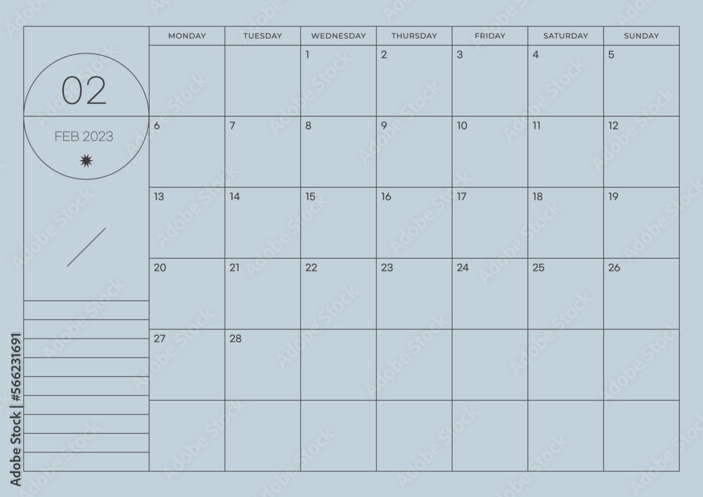 February 2023 simple design digital and printable calendar template illustration. Notes, scheduler, diary, calendar, memo, planner document template background. February 2023 simple design digital and printable calendar template illustration. Notes, scheduler, diary, calendar, memo, planner document template background.