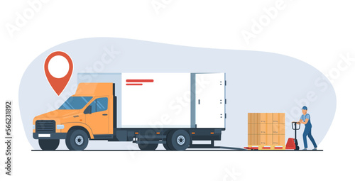Worker loading a truck van using a hand pallet truck. Vector illustration.