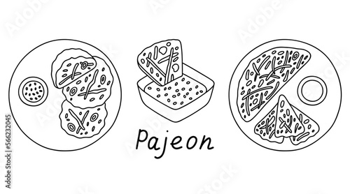 Pajeon with soy sauce and sesame, korean traditional food. Vector outline set with lettering.