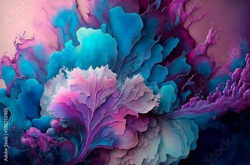 Abstract background with fluid colors. Purple, blue and pink paint splashes. Acrylic and watercolor abstract backdrop and creative wet effect. Created with Generative AI.