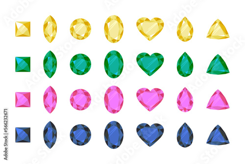 Gemstones, Jewelry. Vector rhinestones and diamonds, sapphire and amethyst, diamond and emerald, ruby gemstones