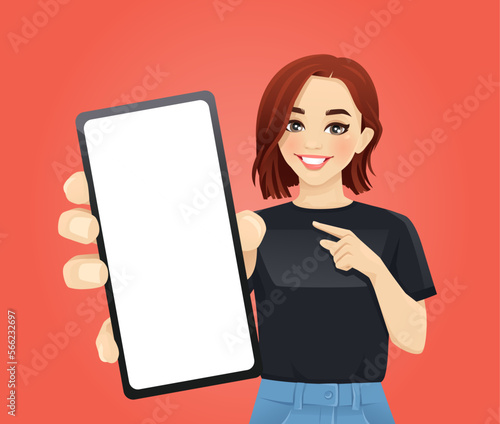 Young beautiful woman pointing to the blank phone screen vector illustration 
