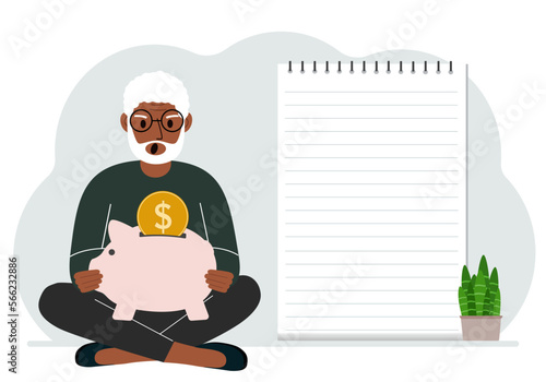 A man sits cross-legged with a piggy bank in his hands. Nearby is a large sheet of paper for planning income and expenses.