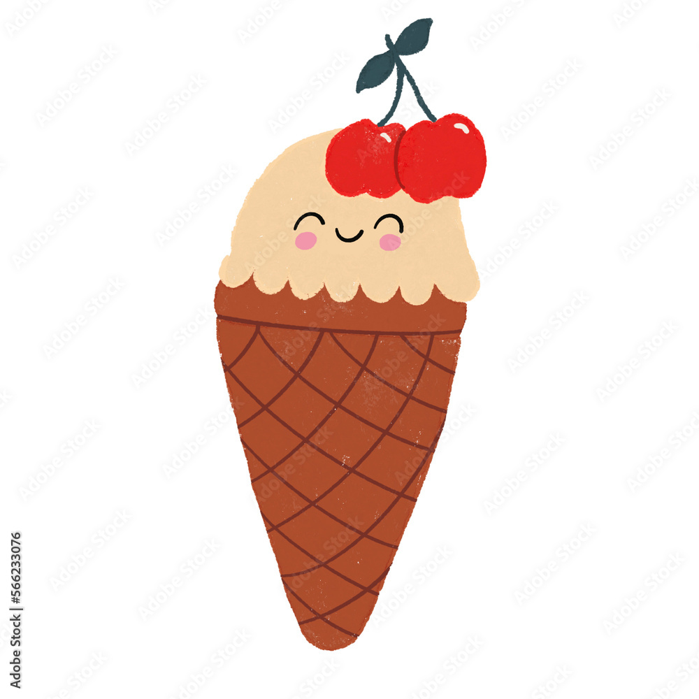 cute kawaii ice cream dessert cone with a cherry smile