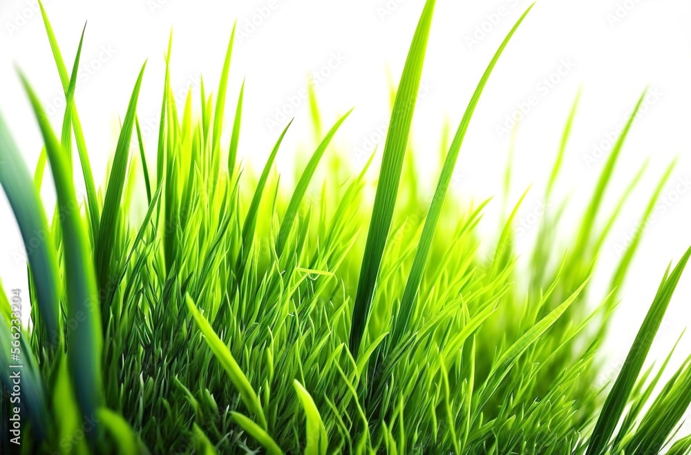 Obraz premium Closeup of a fresh and bright green spring grass on white background. Abstract natural background of green grass. Generative AI.