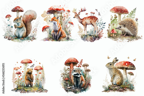 Safari Animal set fox, bear, deer, rabbit, raccoon, hedgehog, squirrel in watercolor style. Isolated vector illustration