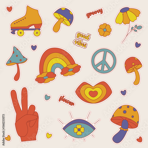 stickers groovy vibe. 70s retro elements