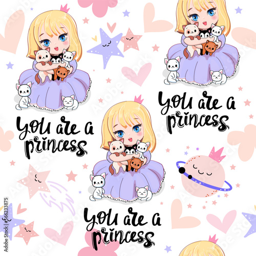 Cute cartoon anime girl with little kittens. Little princess in kawaii style seamless pattern. Vector illustration print for t-shirt