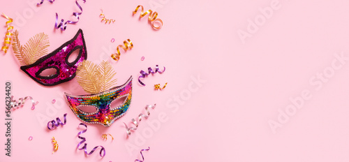 Billede på lærred Festive face mask for carnival or masquerade celebration on colored background
