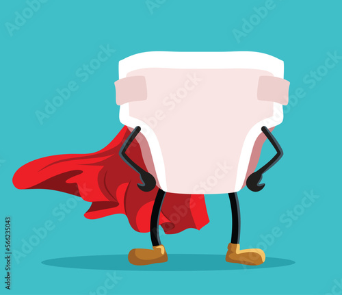 Superhero Diaper Character with Red Cape Vector Cartoon Illustration. Brave nappy mascot standing with hands on its hips
