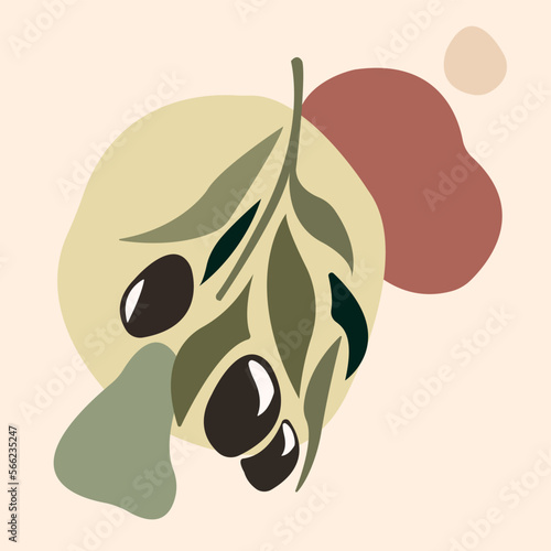 Abstract geometric elements and strokes, leaves and berries, olive, tangerine. Design for postcards, print. Modern art in pastel colors.