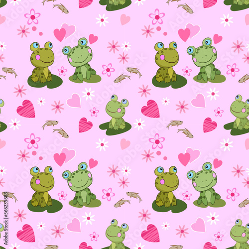 Cute couple green frog with heart shape seamless pattern for fabric textile wallpaper.