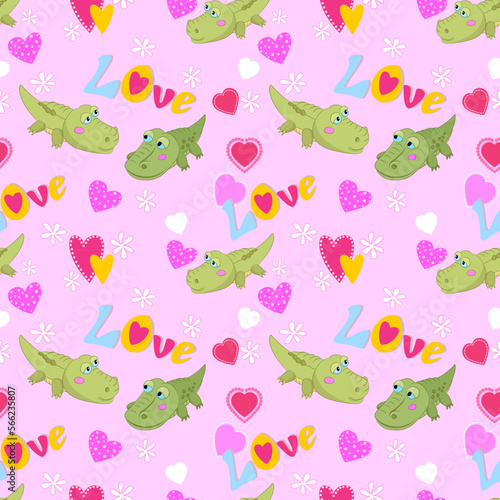 Cute green crocodie with heart shape and love letter seamless pattern.