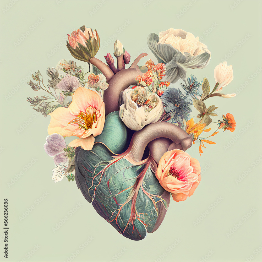Human heart with flowers, love and emotion concept, good hearted person, help and charity, generative AI
 - obrazy, fototapety, plakaty 
