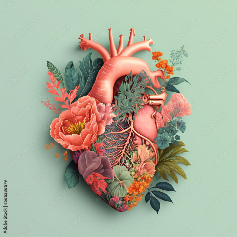 Human heart made of pink tropical flowers and leaves on sage green ...