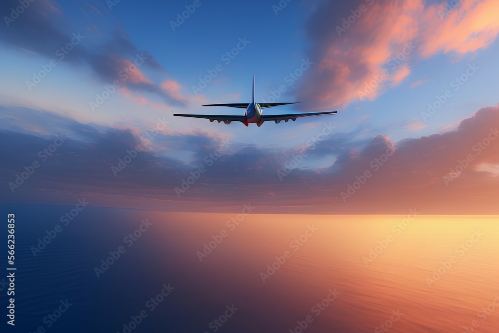 Airplane flying over tropical sea at sunset - generative ai 