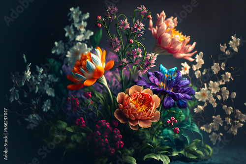 Colorful daisies focus on spring flower on dark background. © Nilima