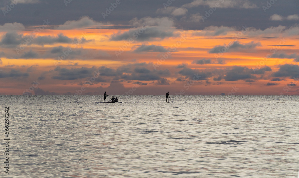 Fototapeta premium Silhouette of three people on Stand Up Paddle Board. SUP.