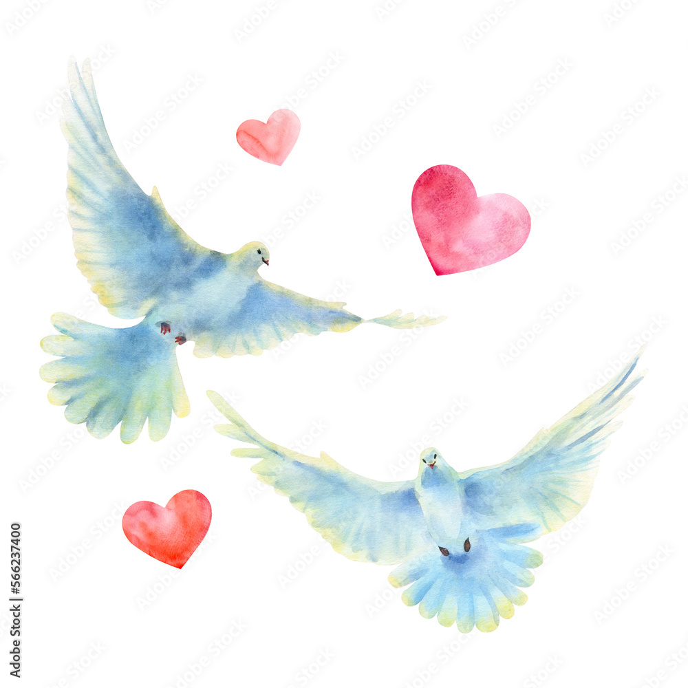 Fototapeta premium Hand drawn watercolor illustration of flying doves and hearts.