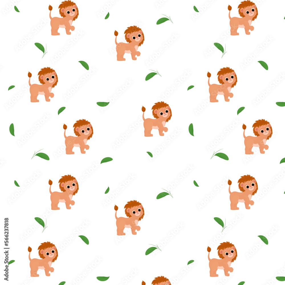 Seamless pattern with cartoon animal, lion, pattern with animals and decorative leaves, bright pattern, children's pattern