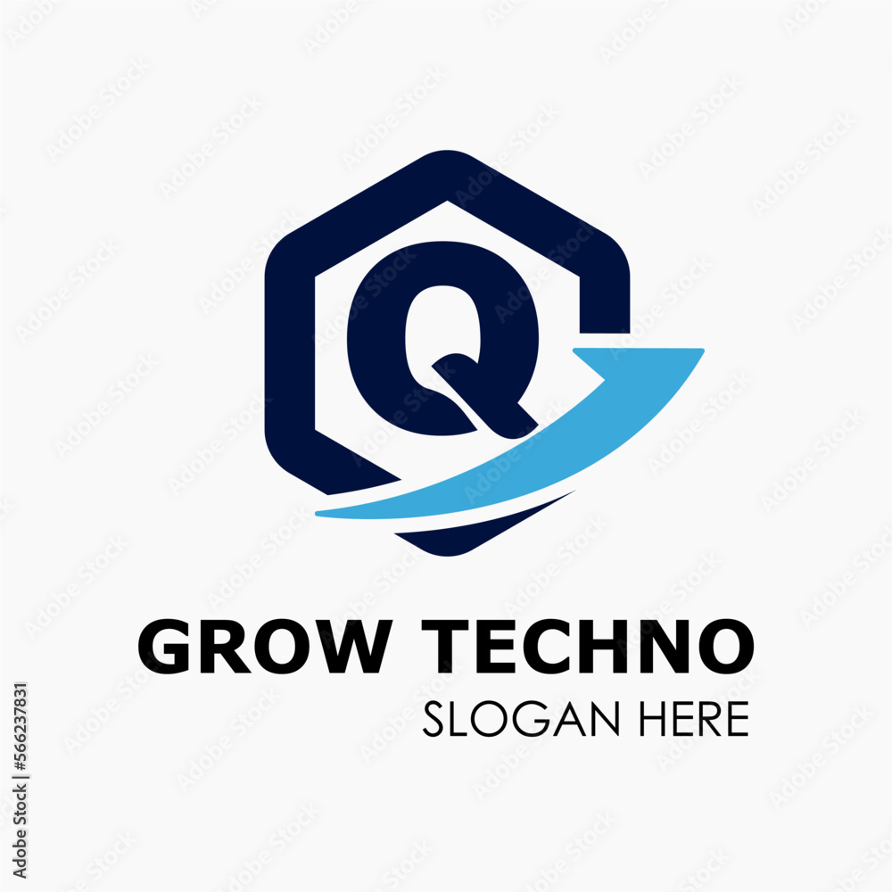 Initial Q Letter in Hexagon Shape with Growth Arrow Upward Logo Idea Template Initial Q Letter in Hexagon Shape with Growth Arrow Upward Logo Idea Template