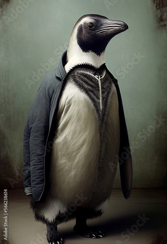 Penguin wearing clothes, surreal hybrid creature in studio setting, fanatsy animal, illustration, generative AI
 photo