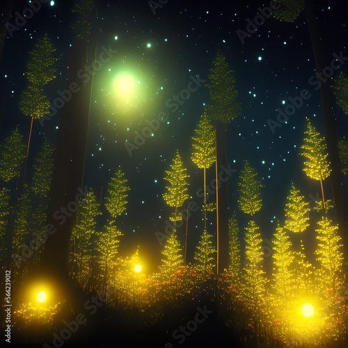 Night Forest with Glowing Flowers, Generative AI Illustration