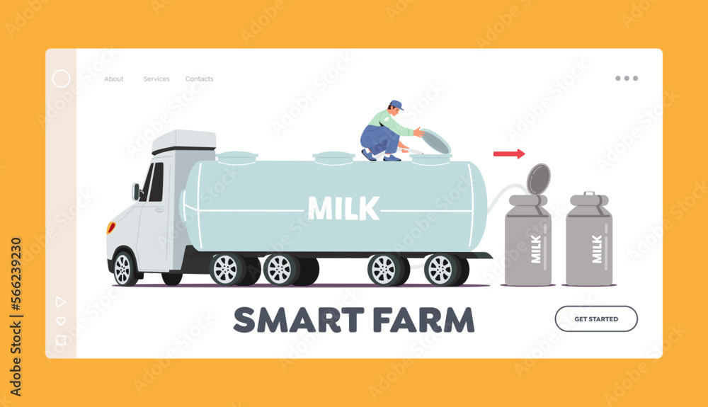 Smart Farm Landing Page Template. Worker Male Character Pouring Fresh Milk From Car Tank Into Metal Containers Smart Farm Landing Page Template. Worker Male Character Pouring Fresh Milk From Car Tank Into Metal Containers