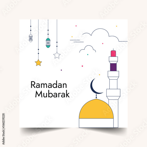 Ramadan isolated outline mosque with yellow dome, Colorful flat design with Stars and lantern