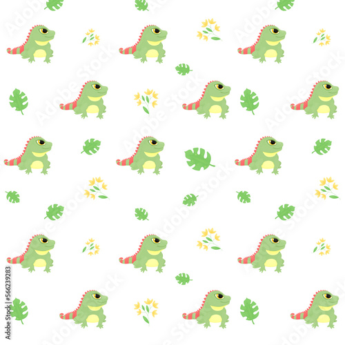Seamless pattern with cartoon animal  iguana  pattern with animals  flowers and decorative tropical leaves  bright pattern  children s pattern