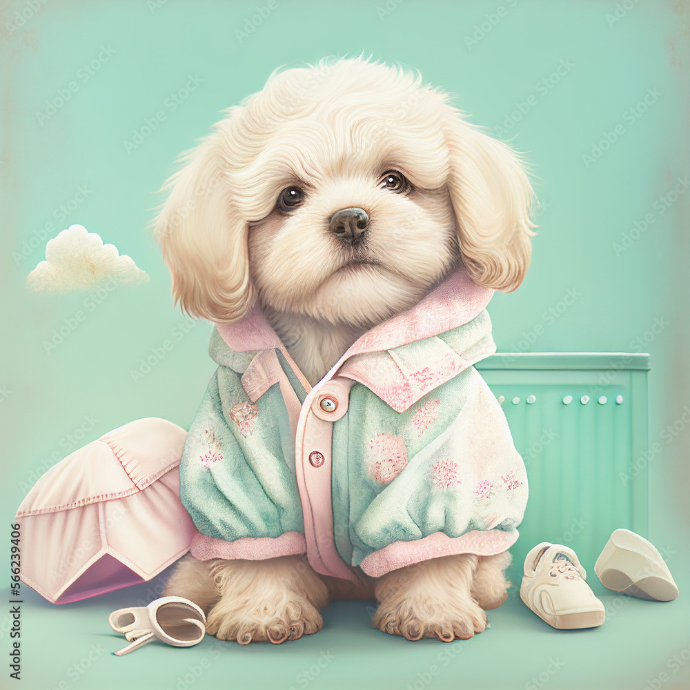 Cute dog puppy with clothes, pastel color, animal greeting card, fairy