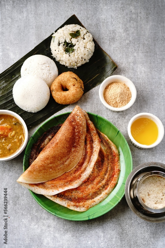South Indian vegetarian breakfast idli karam podi dosa sambar chutney