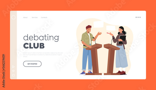 Debating Club Landing Page Template. Male And Female Characters Debate On Rostrum. Oratory Skills Development Concept