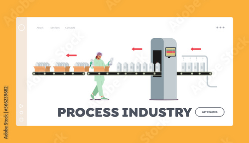 Process Industry Landing Page Template. Dairy Food Packaging, Industrial Automation. Plant Worker on Factory Conveyor