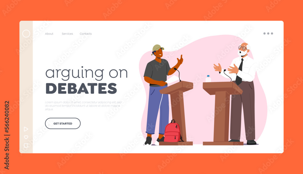 Arguing On Debates Landing Page Template. Dialogue Between Young And Senior Men Behind The Podium