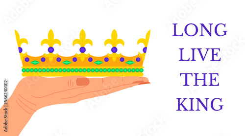Poster with hands holding a golden crown and inscription God Save the King. Design for accession and coronation of King Charles III. Great for signboard, banner, poster, card, flyer, print. Vector