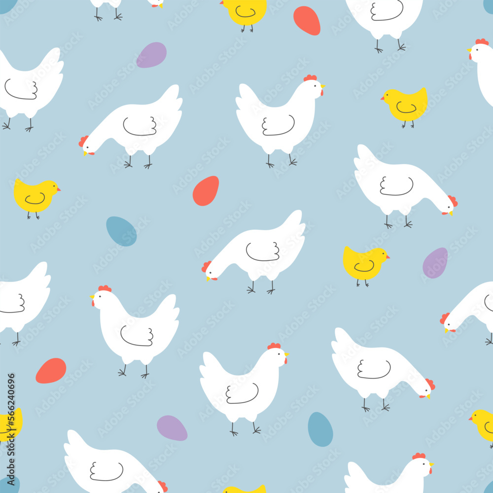 Seamless pattern with hens, chickens and eggs. Background for Easter, decor, invitation, cards. Seamless pattern with hens, chickens and eggs. Background for Easter, decor, invitation, cards.