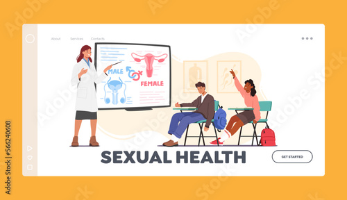 Sexual Health And Education Landing Page Template. Teacher Female Character Stand At Blackboard Explain To Students